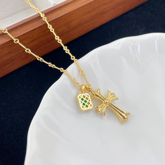 Chrome Hearts Gold Cross Necklace with Emerald Pendant - Picture 9 of 9